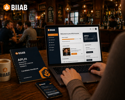 The BIIAB APLH online course on a laptop with the candidate handbook