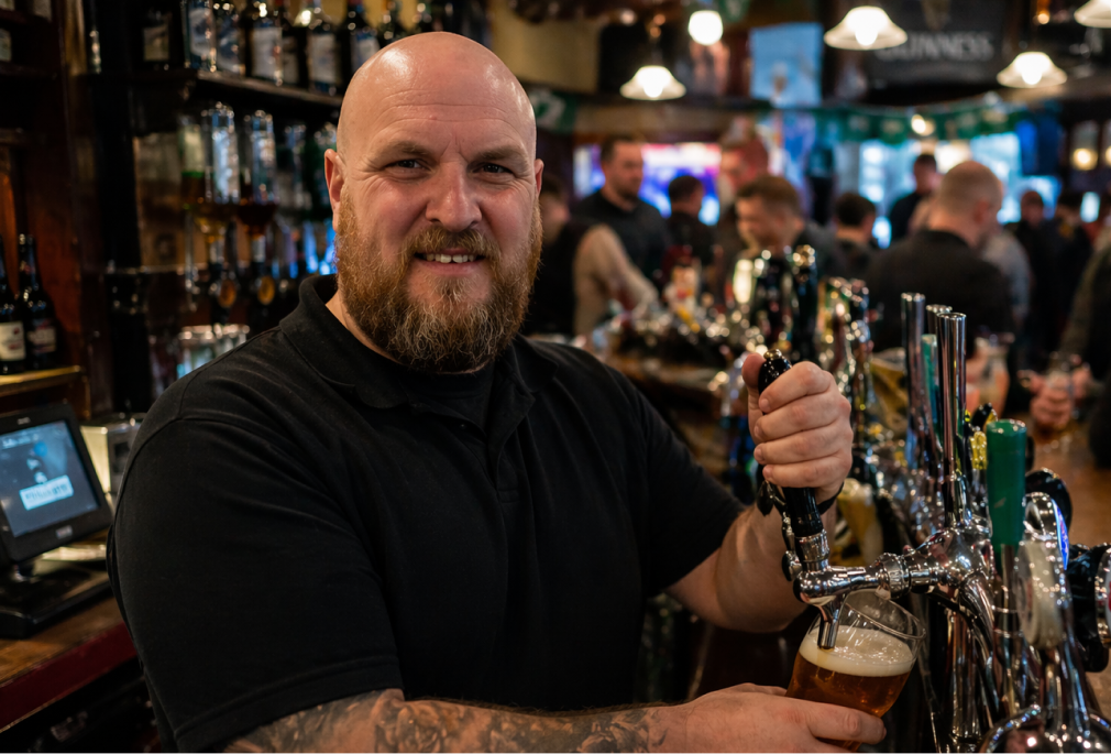 A bartender pulling a pint in a busy pub