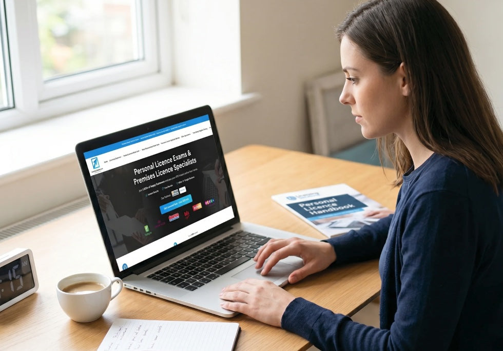 A woman studying on a laptop with the Personal Licence Handbook on the table