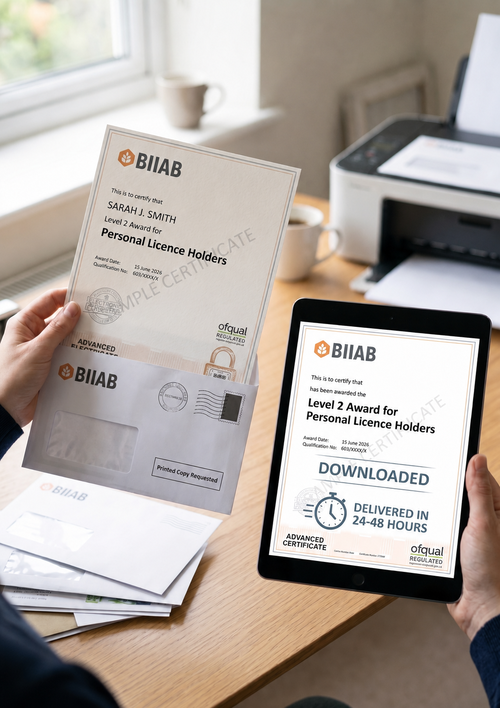 A BIIAB certificate, printed and on a tablet