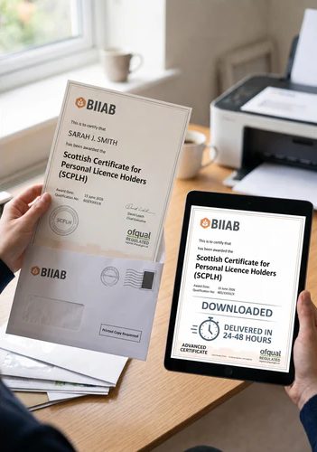 A BIIAB SCPLH certificate, printed and on a tablet