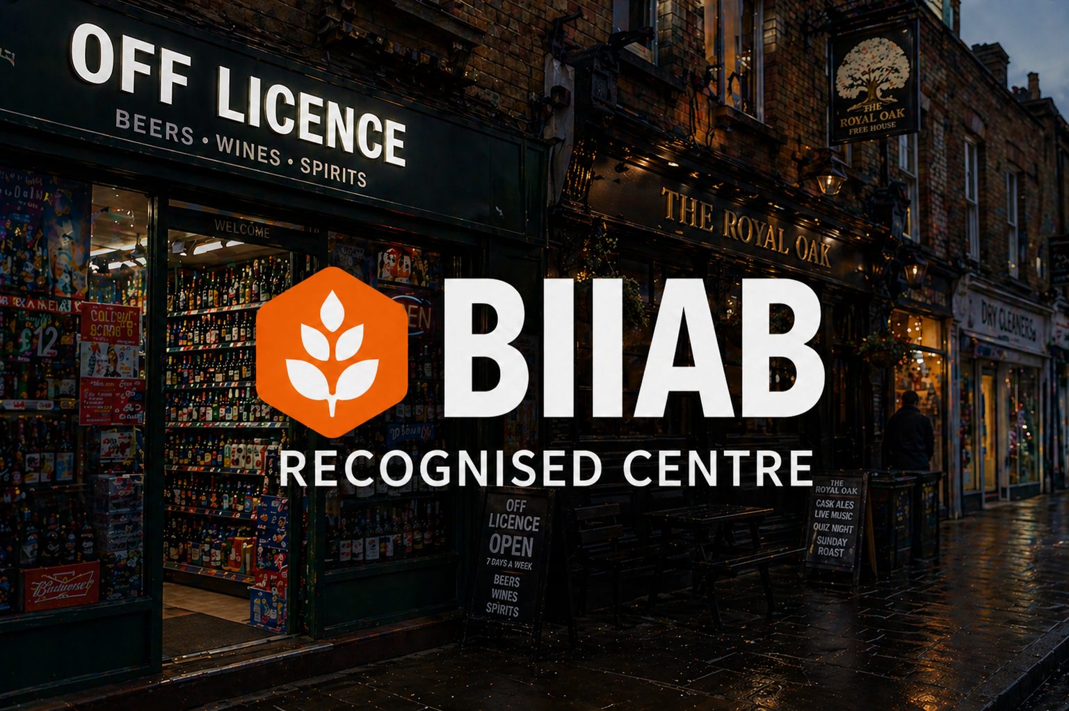 BIIAB Recognised Centre sign outside an off licence at night