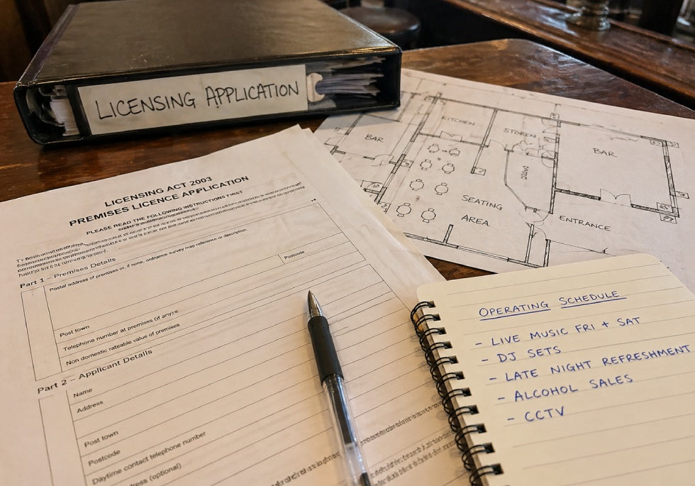 Licensing paperwork, a binder and notes on a pub table